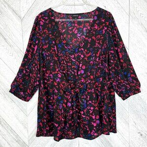 Torrid Blouse Plus Size 1X Peplum Tie Knot Front 3/4 Sleeve V-Neck Pink Multi
